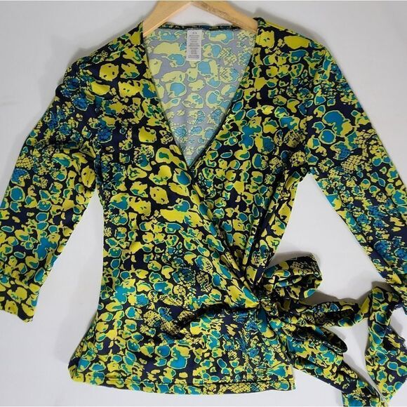 Yellow and Blue Wrap Blouse Top Size Medium - Picture 4 of 11